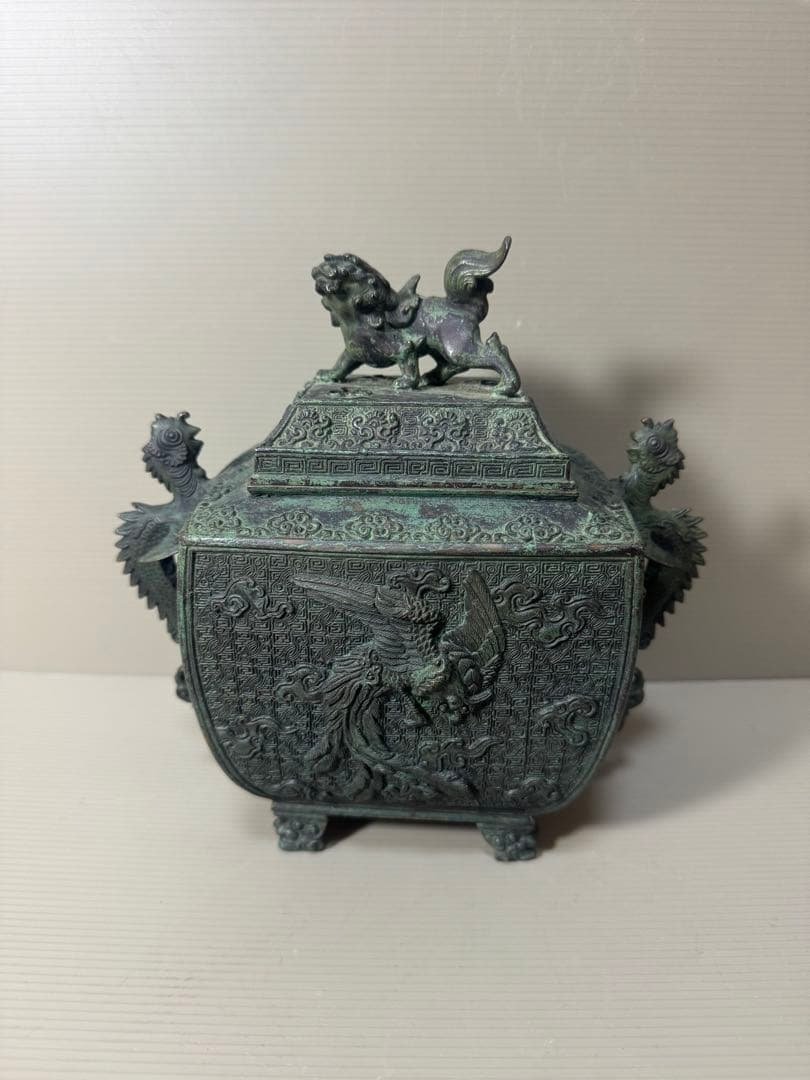 2136  高岡銅器 米田秀保造 獅子摘 龍鳳凰紋 四つ足 香炉 2136 高岡銅器 米田秀保造 獅子摘 龍鳳凰紋 四つ足 香炉